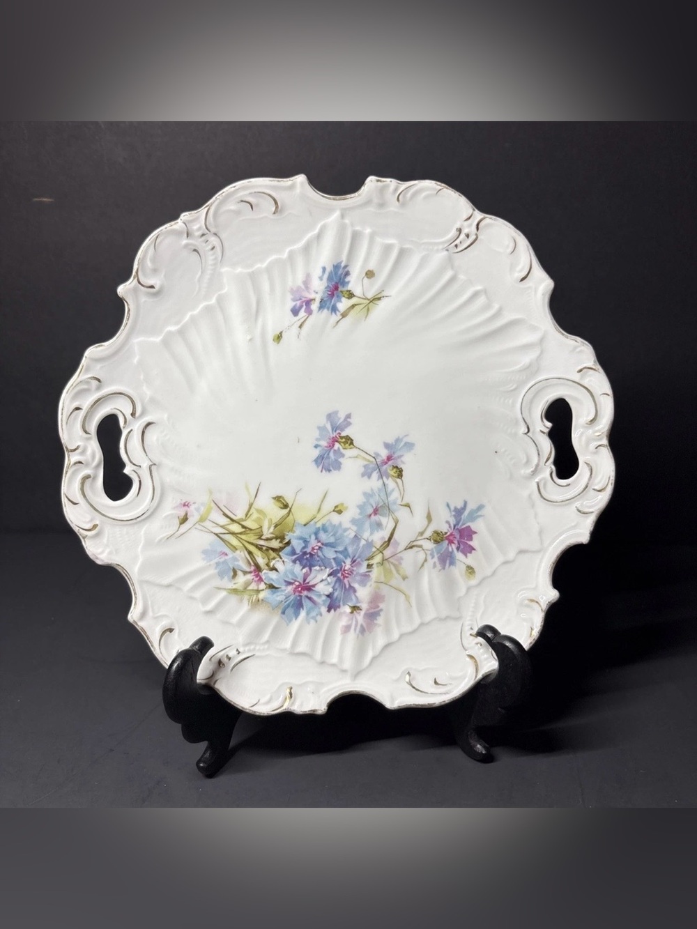 Antique Porcelain Double Handle Cake Plate Hand Painted Floral Cottage Core